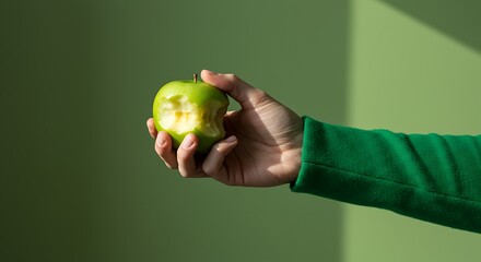 Hand holding green apple with bite against green background in natural light