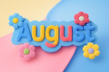 Brightly colored august text decoration with floral accents on pastel background