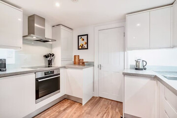 Fototapeta premium Modern luxury kitchen interior in minimal scandinavian style, 3d render