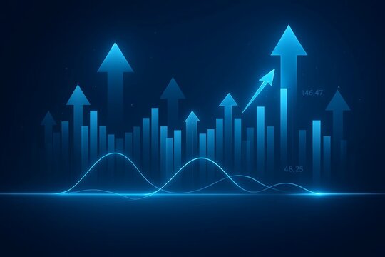 Futuristic blue neon digital growth chart with upward arrows and waveform