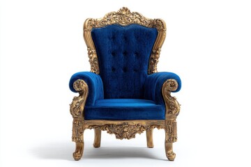 Luxurious Royal Blue Velvet Throne Chair with Ornate Gold Details Isolated