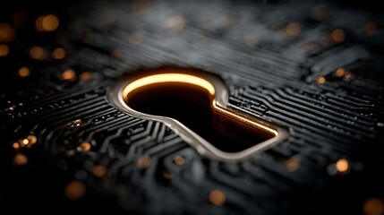 A dark circuit board displays a glowing keyhole, symbolizing digital security and access control. The warm light highlights the intricate pattern and creates a sense of mystery.