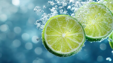 Fresh lime slices submerged in water with bubbles and vibrant blue background, refreshing summer drink ingredient