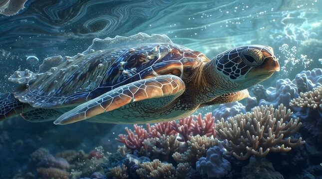 Hyperrealistic underwater scene with graceful sea turtle over coral reef, serene magical light
