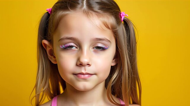 Little girl with pigtails and painted eyelashes smiling at camera on yellow background