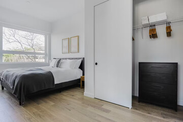 Modern luxury bedroom interior in minimal scandinavian style, 3d render