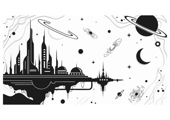 Futuristic cityscape in space surrounded by planets and galaxies in artistic monochrome style
