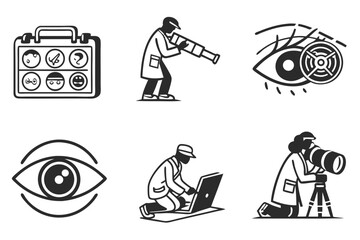 Eye examination and vision test icons isolated on white background