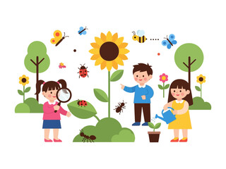 Children’s Garden Adventure: Young children embark on a delightful garden adventure, exploring the wonders of nature with a large sunflower, butterflies, bees and other insects