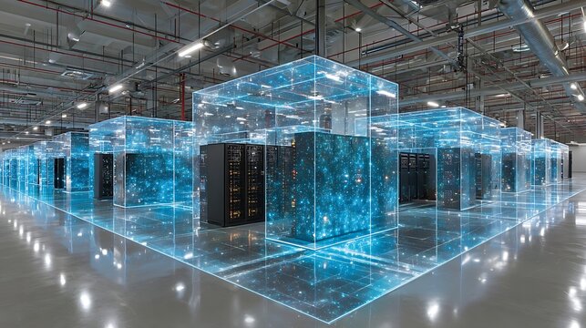 A futuristic data center showcases glowing server cubes within a vast, dark space. Blue light streams through the transparent structures, highlighting the complex network infrastructure.
