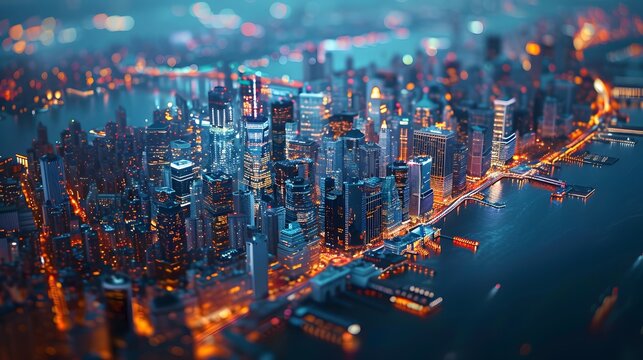Vibrant City Skyline Night Lights Tilt Shift Aerial View