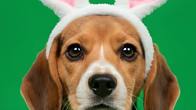 Beagle puppy wearing bunny ears on green screen, Easter celebration, close-up video