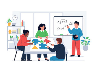 Problem-Solving Classroom: A collaborative and engaging scene unfolds in a modern classroom, where students work together, fostering innovation in an educational environment.