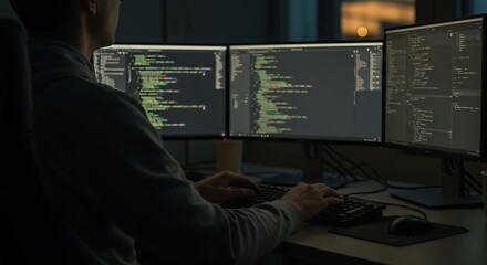 Person working on coding software using three computer monitors in a dark office