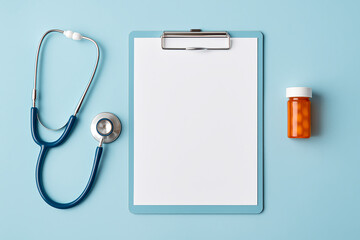 Medical flat lay with stethoscope, blank clipboard and prescription bottle on light blue background — healthcare concept
