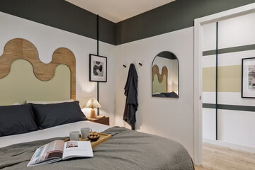 Modern luxury bedroom interior in minimal scandinavian style, 3d render