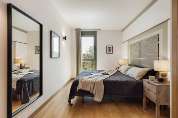 Modern luxury bedroom interior in minimal scandinavian style, 3d render
