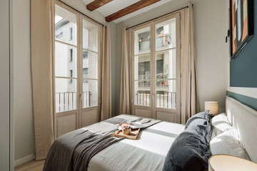 Modern luxury bedroom interior in minimal scandinavian style, 3d render