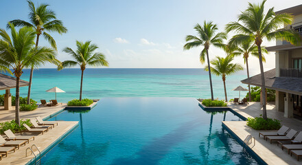 Fototapeta premium Luxury Infinity Pool Overlooking Tropical Beach and Ocean