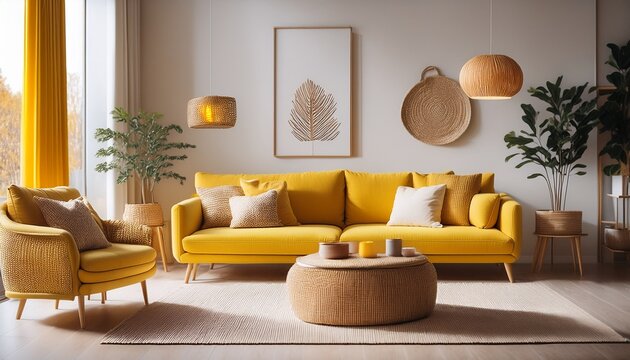 cozy living room with a yellow couch and warm decor