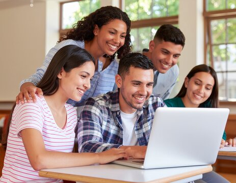 group of students using laptop in classroom, teamwork and collaborative learning back to school concept
