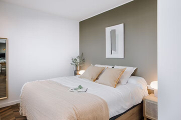 Modern luxury bedroom interior in minimal scandinavian style, 3d render