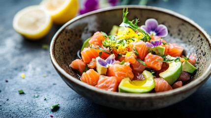 Fresh Salmon Sashimi Bowl with Avocado and Edible Flowers