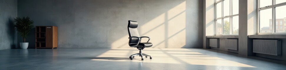 One office chair sits alone in a large, empty office , city, space