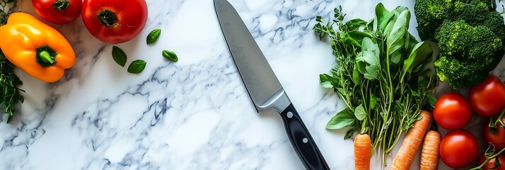 A vibrant display of fresh vegetables and herbs with a sharp knife on a marble countertop.