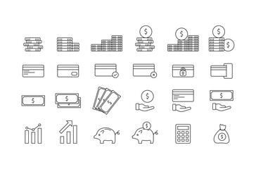 Money set: coins, banknotes, payment cards.