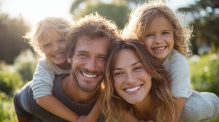 Fototapeta premium A joyful family smiles as they spend quality time together in a vibrant garden. Children cling to their parents, creating a moment of laughter and connection amidst greenery