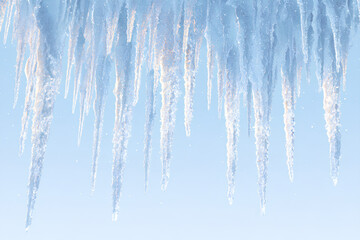  Artistic Pastel Blue Icicles Dripping and Forming Ice Crystals, Side View, Isolated on Transparent Background