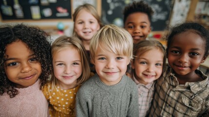 Obraz premium A joyful gathering of children shows diverse faces with bright smiles in a cozy classroom adorned with learning materials. They appear engaged and excited while posing together