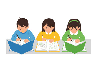 Young Learners Engaged: Three focused children diligently penning notes within open books, reflecting on the power of learning and knowledge in this vivid educational illustration.