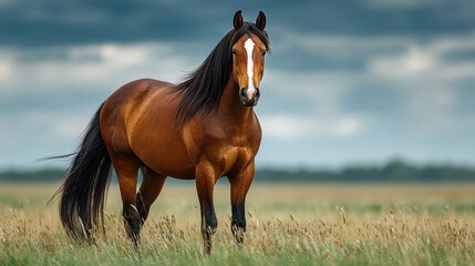 Fototapeta premium Majestic horse stands proudly in a green field under dramatic clouds at sunset