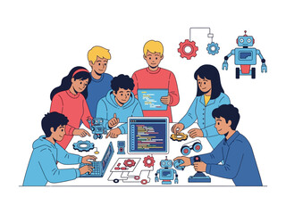 Innovative Minds: A team of young students collaborates, creating and coding robots, symbolizing the future of technology and STEM education.