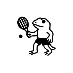 A cartoon frog holding a tennis racket and ball