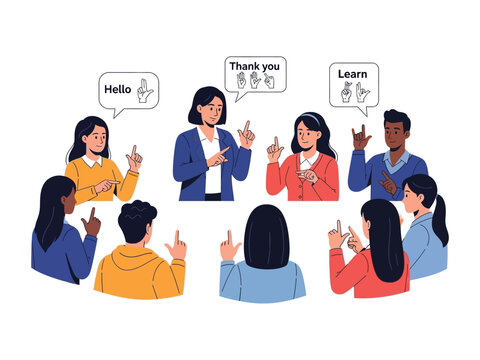 Sign Language Learning: Depicts a group of individuals attentively learning sign language with their instructor, fostering communication and inclusivity.