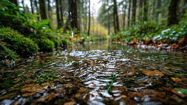 Video background of a rainy day in a humid forest. Water drops fall heavily on a stream. 4k video.
