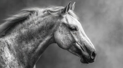 Obraz premium Beautiful grey horse profile captured in black and white with soft background blur highlighting its elegant features