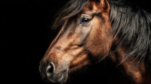 Majestic brown horse with flowing mane against dark backdrop showcases natural beauty and grace