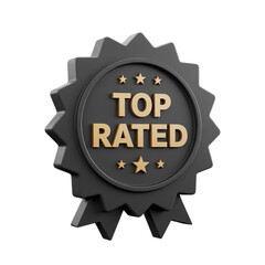 Top Rated Award Badge: 3D Render of Premium Black and Gold Recognition Seal