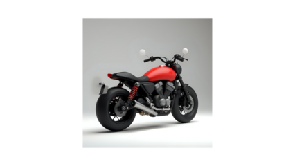 A sleek red custom motorcycle parked in a studio with a white background, showcasing its modern design and powerful stance.
