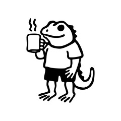 A lizard character holding a cup of steaming hot drink