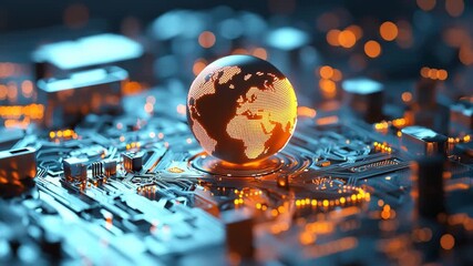 Glowing globe circuit technology digital network futuristic orange blue innovation electronic modern glowing circuit board - Powered by Adobe