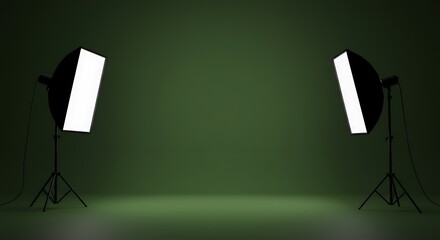 Two studio softbox lights on stands with green backdrop in empty photography studio