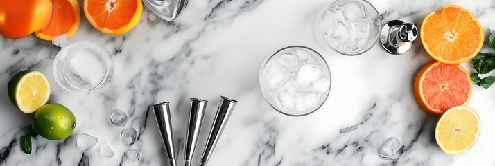 Vibrant citrus fruits and bar tools arranged on a marble surface for cocktail making.