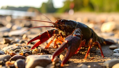 Crayfish on a pebbled shore