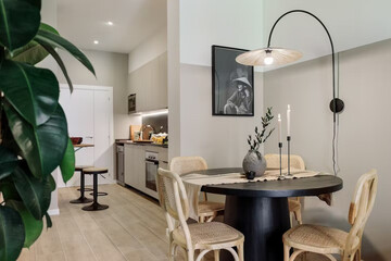 Modern luxury kitchen interior in minimal scandinavian style, 3d render