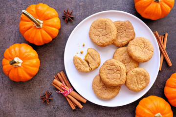 Plate of autumn pumpkin spice snickerdoodles. Above view table scene with a dark stone background.